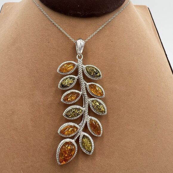 STERLING SILVER Amber Pendant Large Green & Orange Baltic Amber Leaf 18.4 Grams - Picture 1 of 11